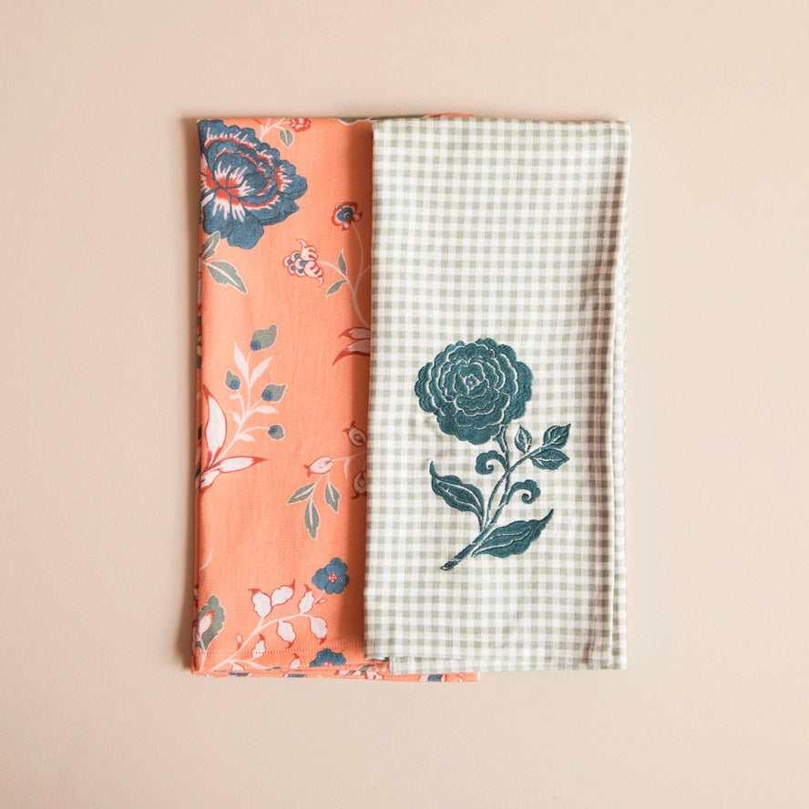 Salmon Green Chintz Embroidered Kitchen Towel Set 2