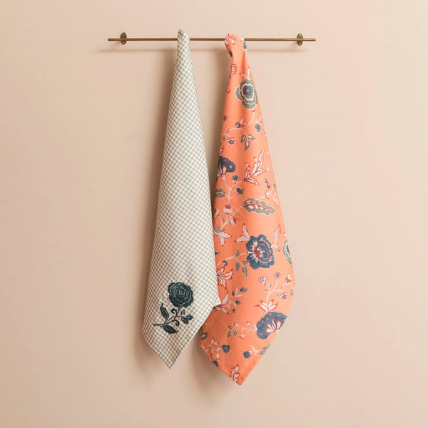 Salmon Green Chintz Embroidered Kitchen Towel Set 2